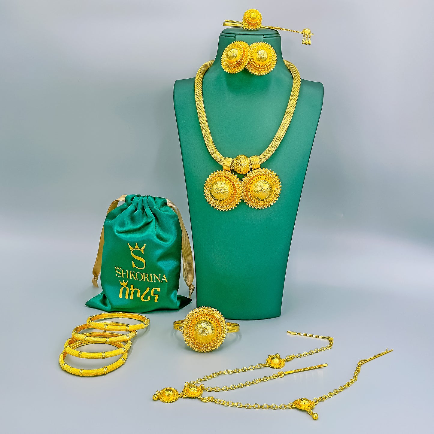 Shkorina Big Habesha Jewelry Set gold plated With Gift Jewelry Pouch | Ethiopian Jewelry Set | Eritrean Jewelry Set