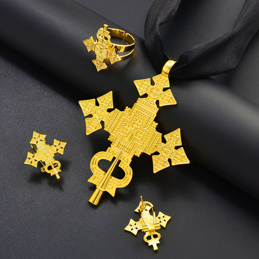 Shkroina Habesha Big Cross Pendant Chain Earrings Ring Women Gold Color