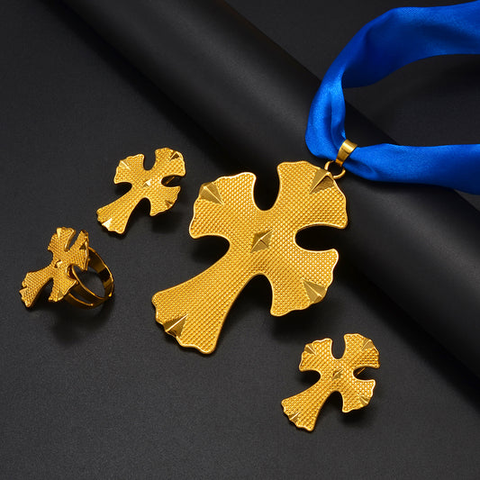 Shkroina Habesha Big Cross Set Pendant Chain Earrings Ring Women 24k Gold Plated