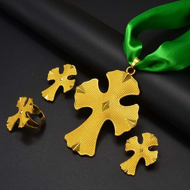 Shkroina Habesha Big Cross Set Pendant Chain Earrings Ring Women 24k Gold Plated