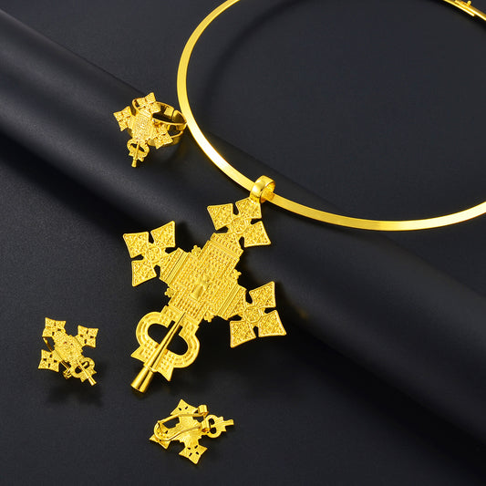 Shkroina Habesha Big Cross Set Pendant Chain Earrings Ring Women Gold Color
