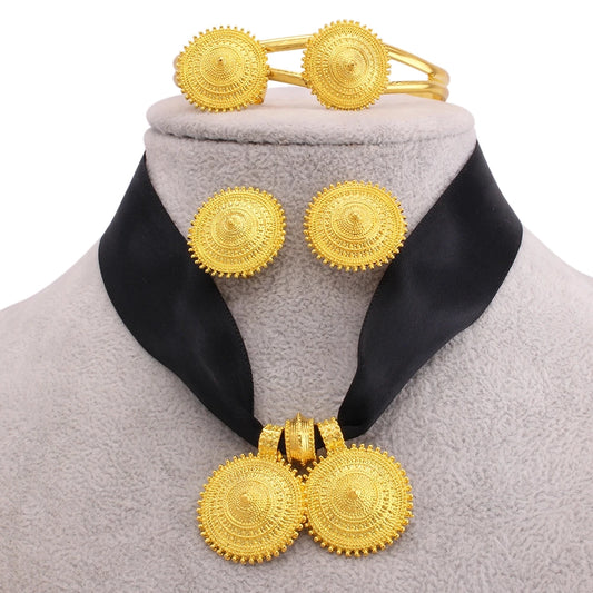 Shkorina Luxury Habesha Fashion Jewelry sets Gold plated Earrings Ring Bangle Pendant With Rope