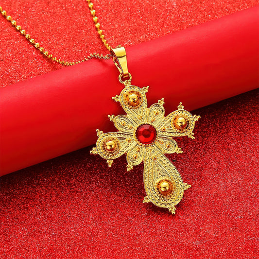 Shkorina Big Cross Pendant Necklaces for Women Habesha Jewelry