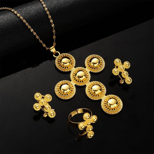 Shkorina Jewelry Set Gold Color Habesha Ethnic Style Habesha Pendant Earrings Ring Sets