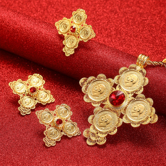 Shkorina Jewelry Set Habesha Cross Pendant Necklaces Earrings Ring