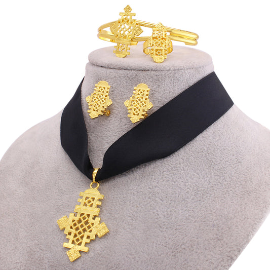 Shkorina Luxury Habesha Cross Jewelry sets Gold plated Earrings Ring Bangle Pendant With Rope