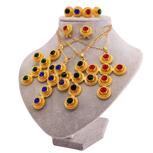 Shkorina Luxus Habesha Modeschmuck Set Gold Ohrringe Ring Armreif Anhänger mit Seil