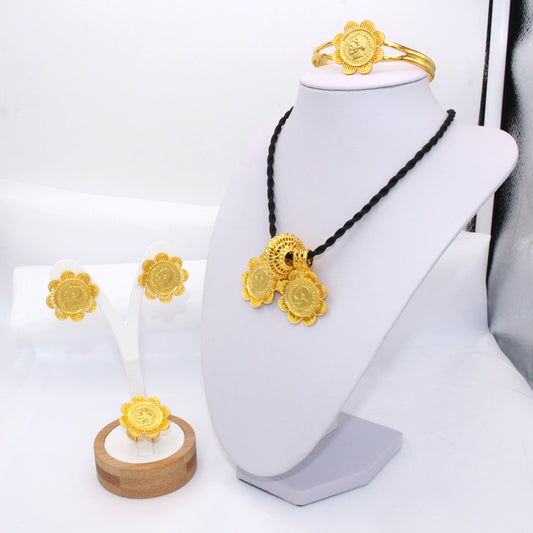Shkorina Luxus Habesha Schmucksets Gold Ohrringe Ring Armreif Anhänger mit Seil