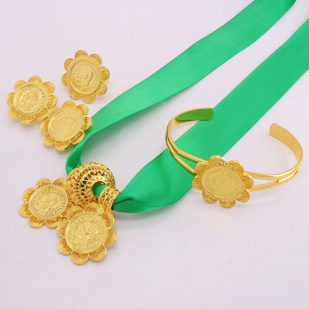 Shkorina Luxus Habesha Schmucksets Vergoldete Ohrringe Ring Armreif Anhänger mit Seil