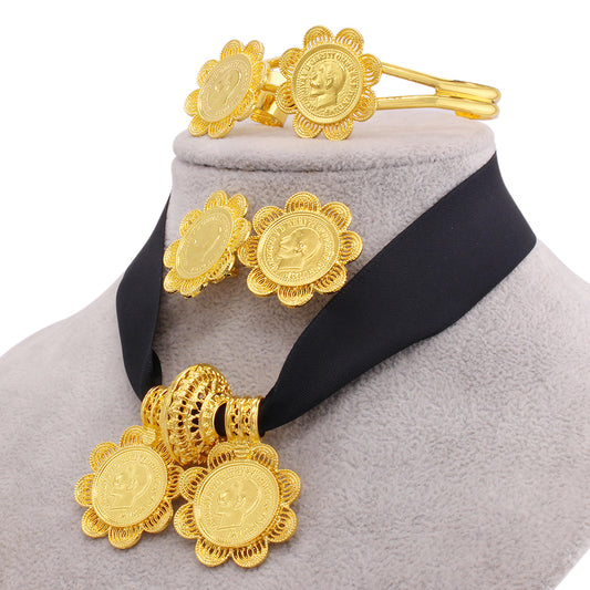 Shkorina Luxus Habesha Schmucksets Vergoldete Ohrringe Ring Armreif Anhänger mit Seil
