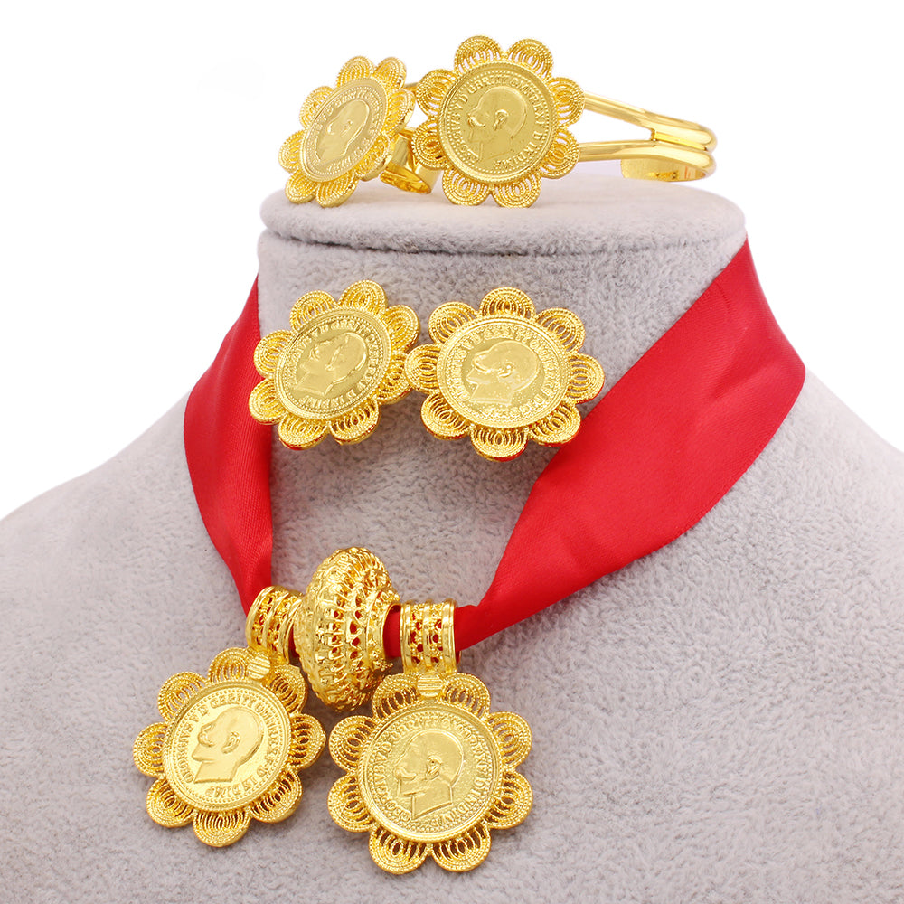 Shkorina Luxury Habesha Jewelry sets Gold plated Earrings Ring Bangle Pendant With Rope