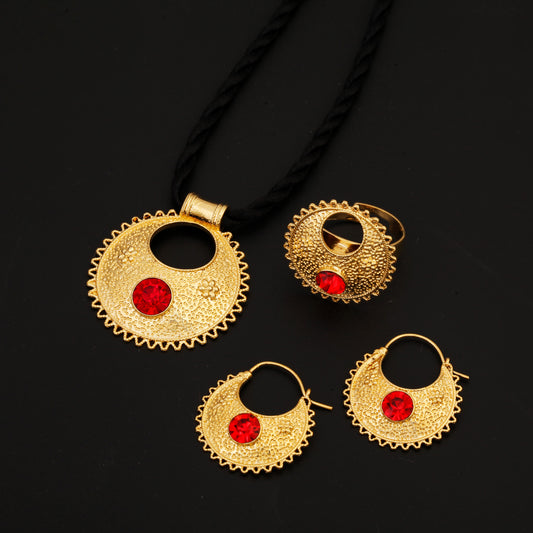 Shkorina Pendant Necklaces Earrings Ring Gold Habehsa Jewelry Set