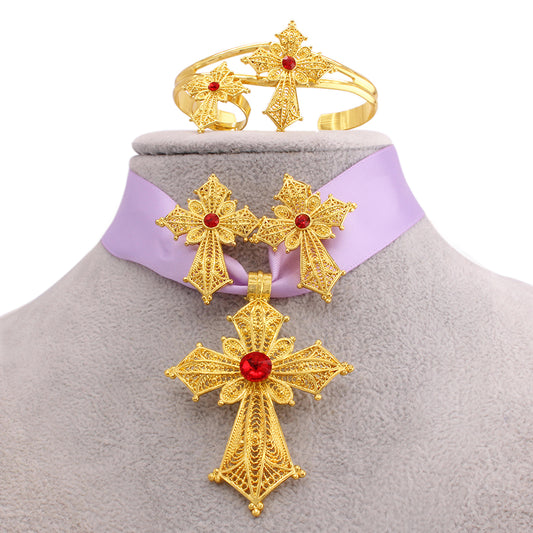 Shkorina gold plated Habesha cross jewelry set Pendant Necklace Earring Ring gift set