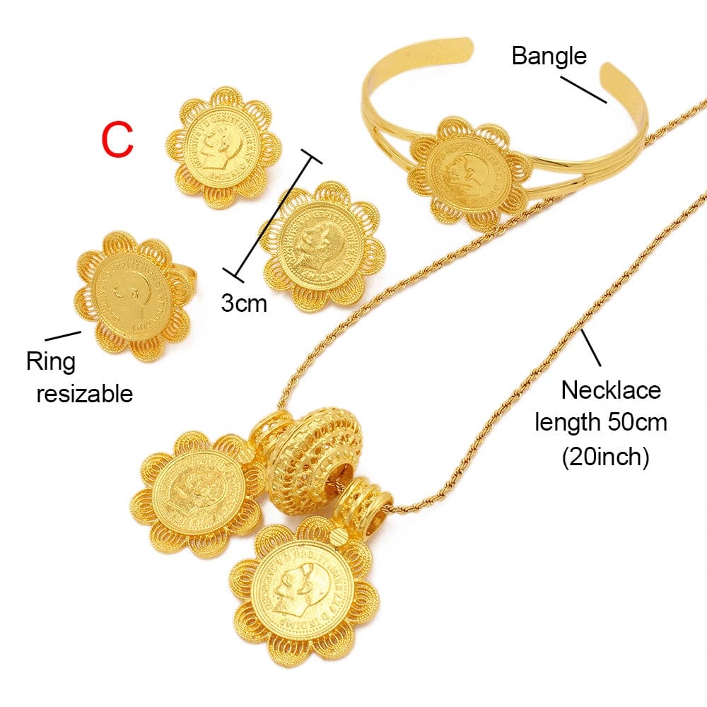 Ethiopian And Eritrean Habesha gold jewelry sets 24k Big Coin Pendant Necklace Earring Ring
