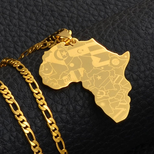 Gold and Silver Color Africa Map With Flag Pendant Chain Necklace