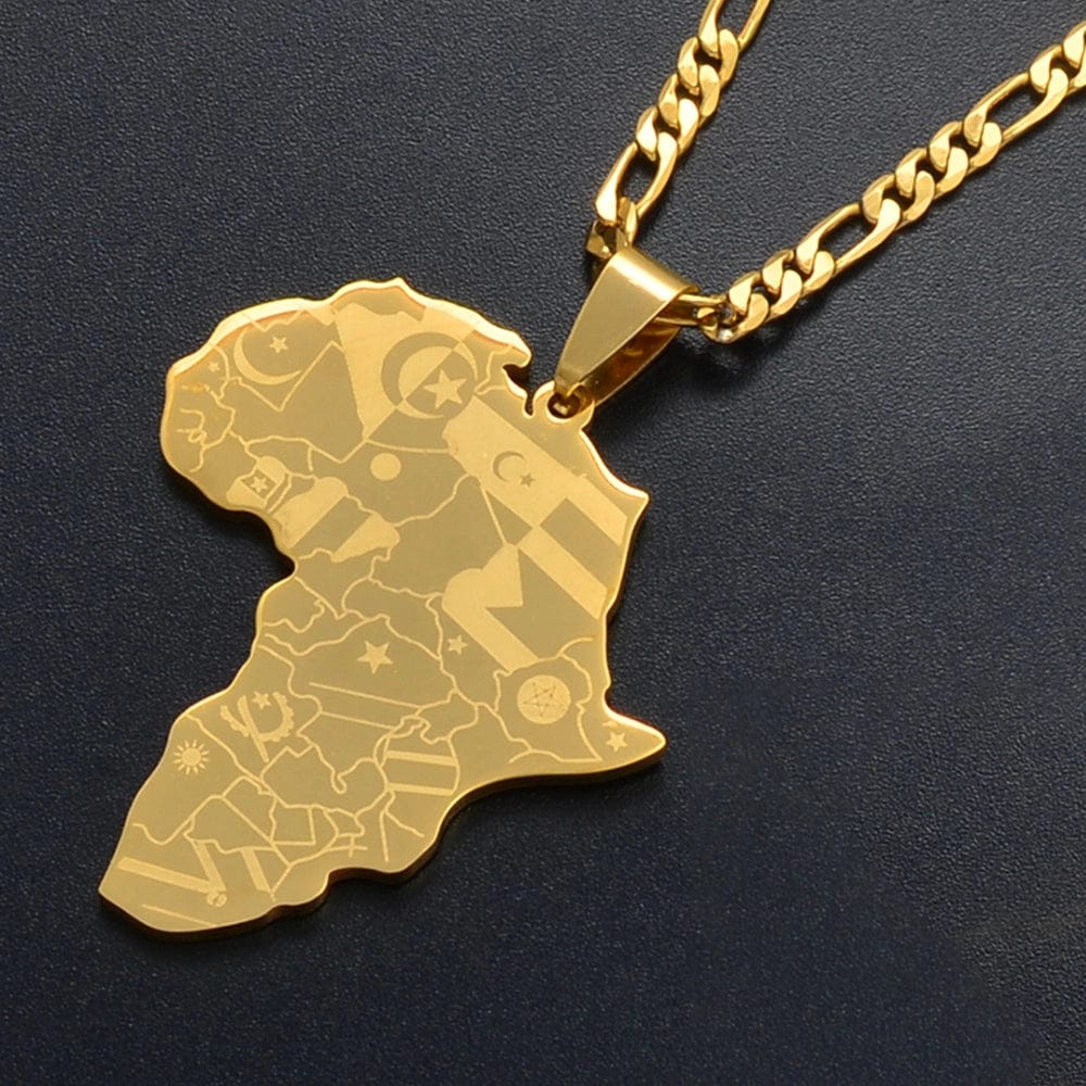 Gold and Silver Color Africa Map With Flag Pendant Chain Necklace