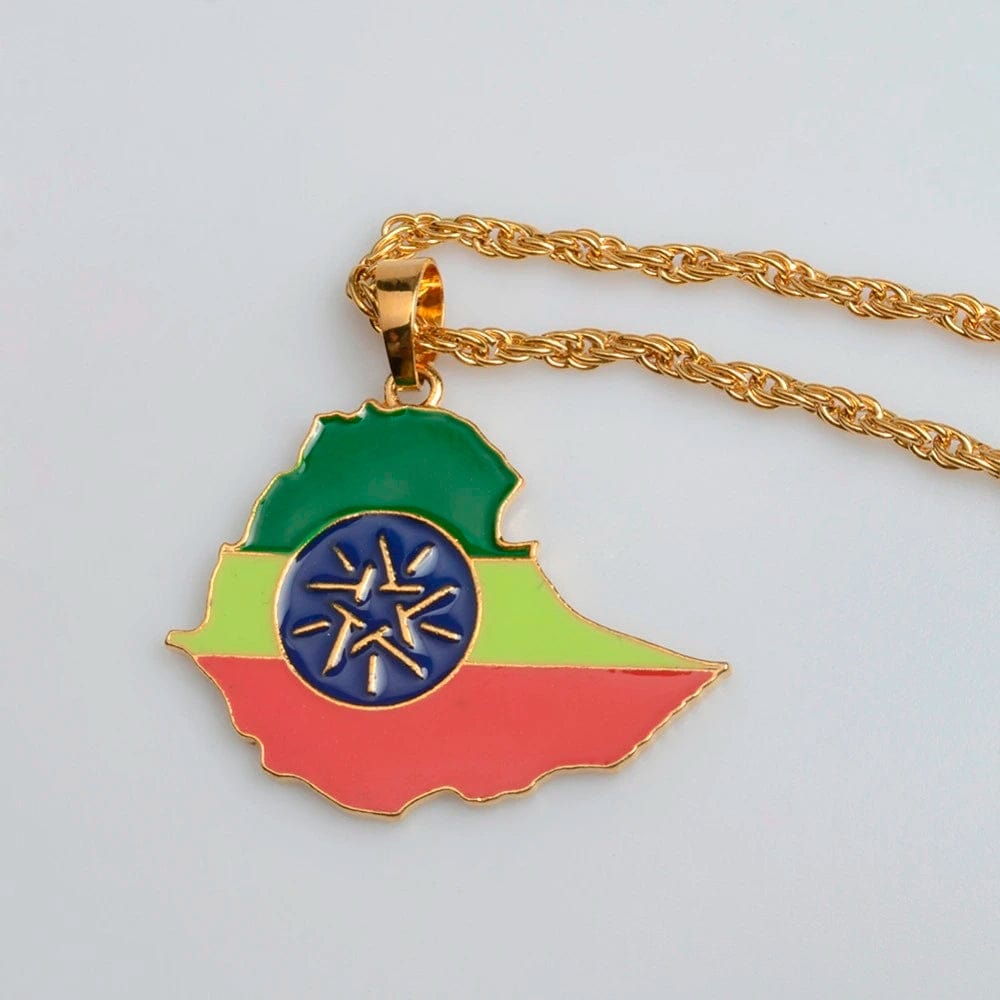 Gold Color Ethiopia Map Flag Pendant Necklace