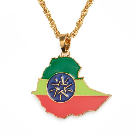 Gold Color Ethiopia Map Flag Pendant Necklace