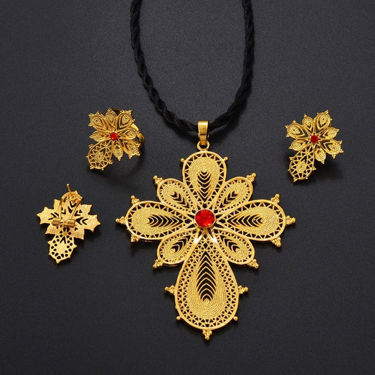 Shkorina Habesha Cross Jewelry set Red Rhinestone