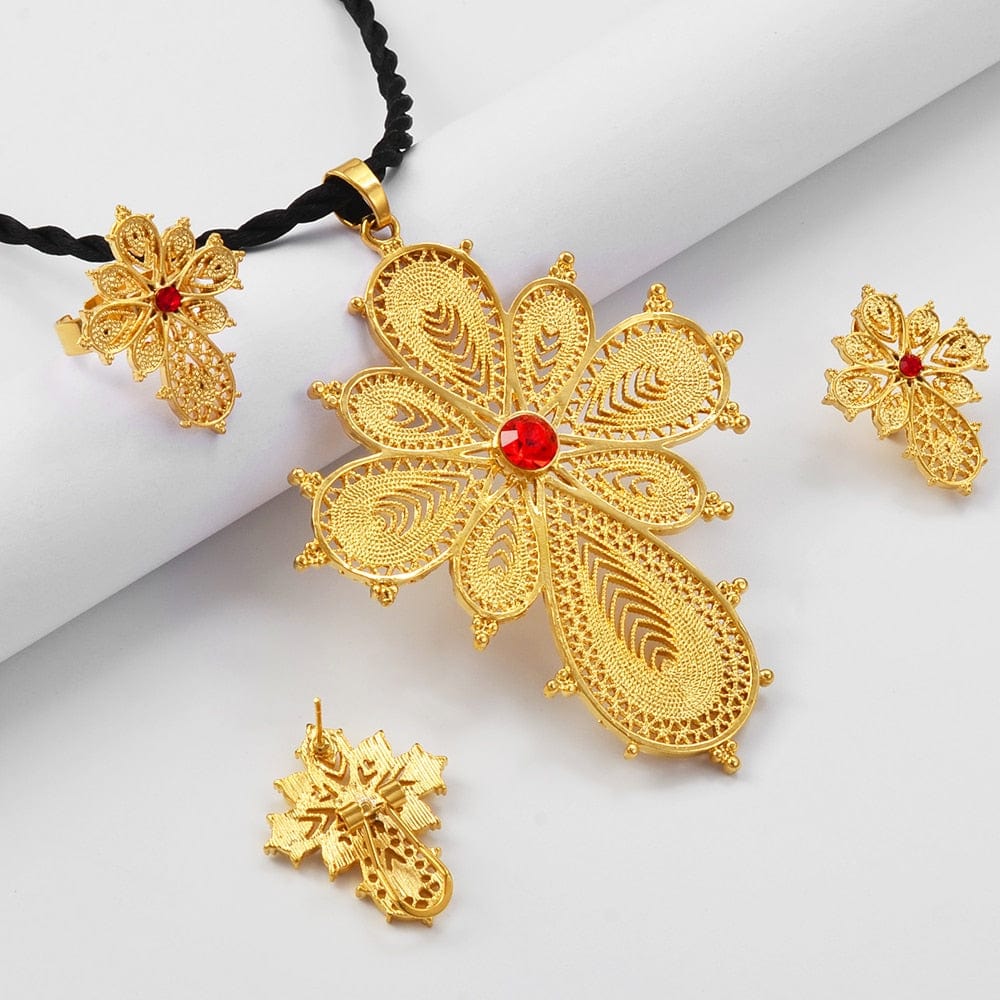 Shkorina Habesha Cross Jewelry set Red Rhinestone