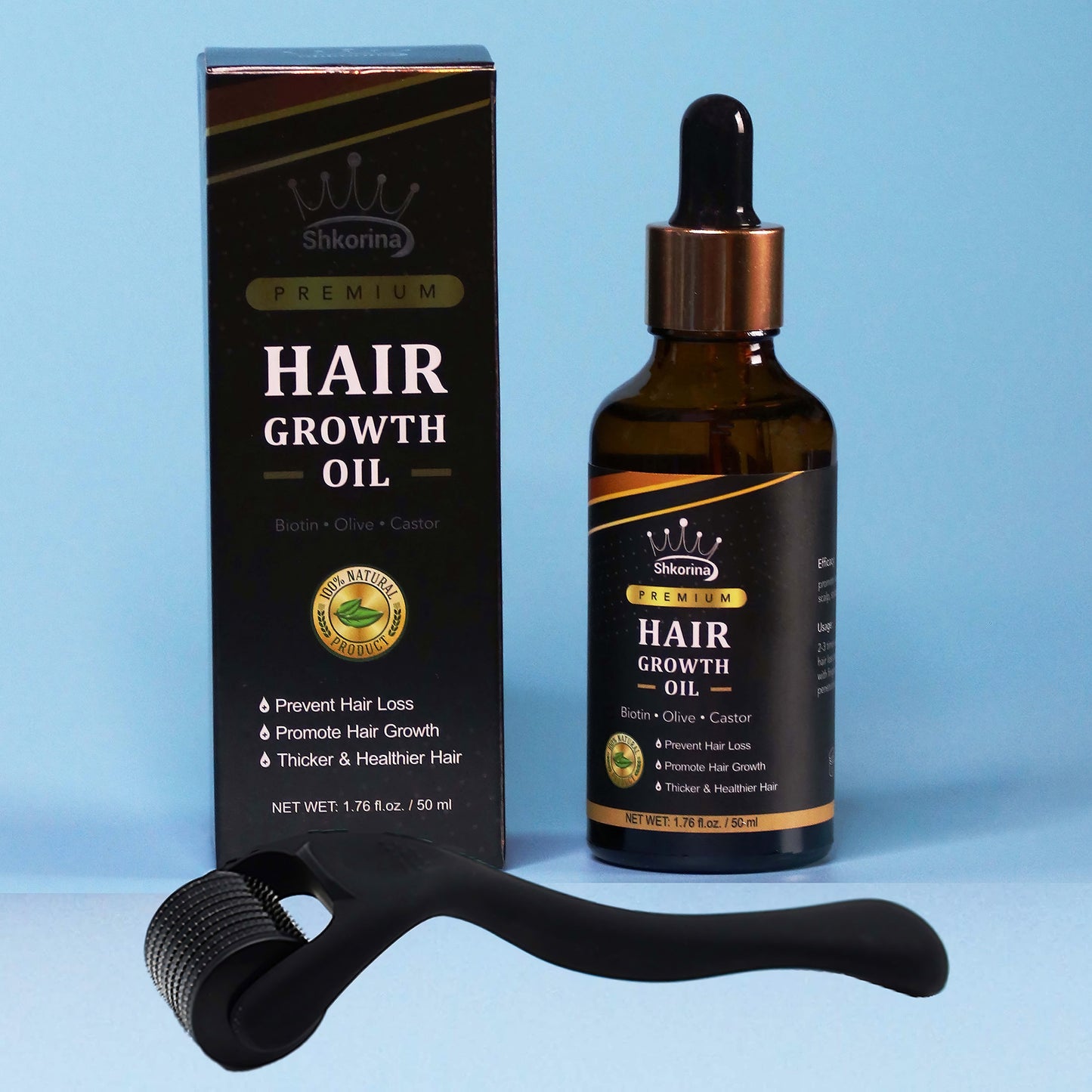 ሽኮሪና Shkorina Hair Growth Oil Kit with 0.5mm Roller Plus Castor Oil